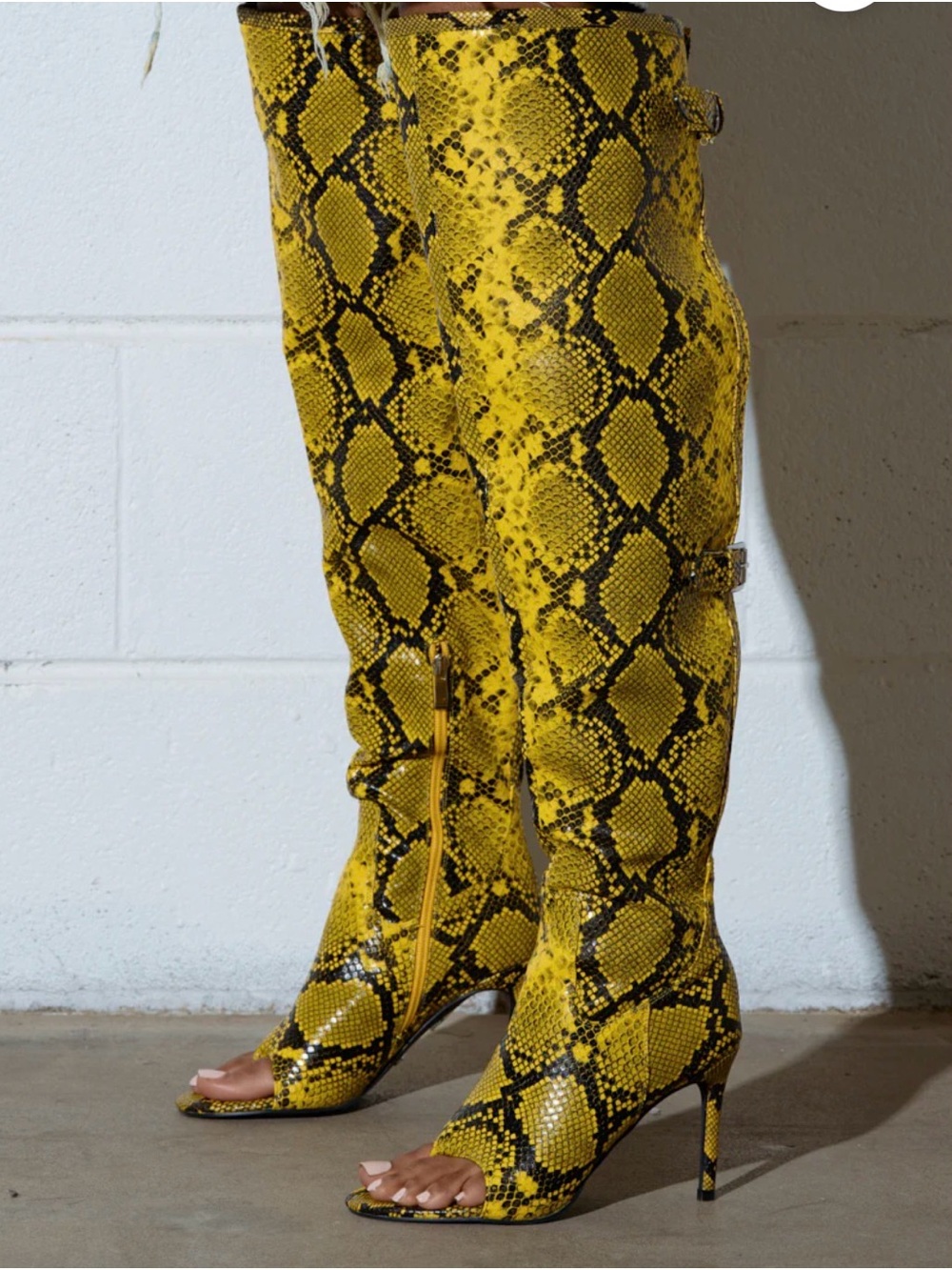 Yellow Snake-Print Open-Toe Heeled Boots
